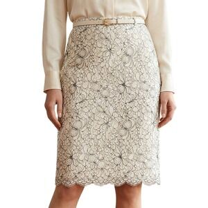 ANN TAYLOR LOFT Guipure Lace Pencil Skirt Ivory Black Scalloped Hem Size 2 NWT